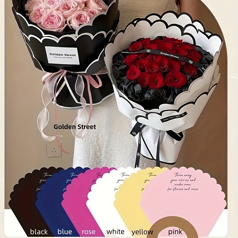 [FBWP-BK-FIPD-PKS-10] Flower Bouquet Wrapping Paper, Black - Floral Irregular Petal Design - Premium Korean Style - 10 per Pack
