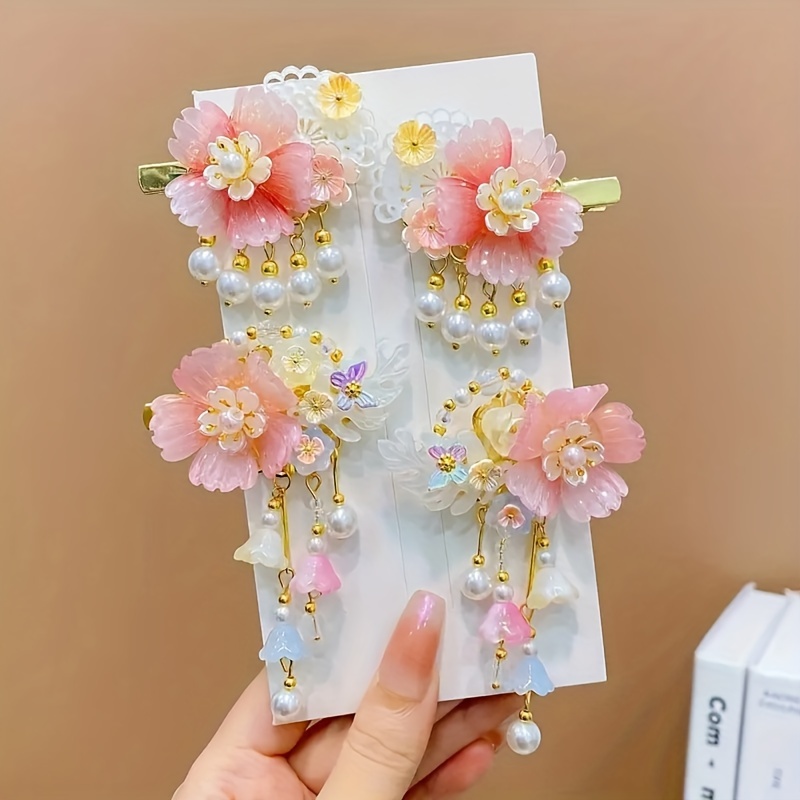 [HCG-FBH-4] Hair Clips for Girls - Floral & Beaded Hair - 2 pcs