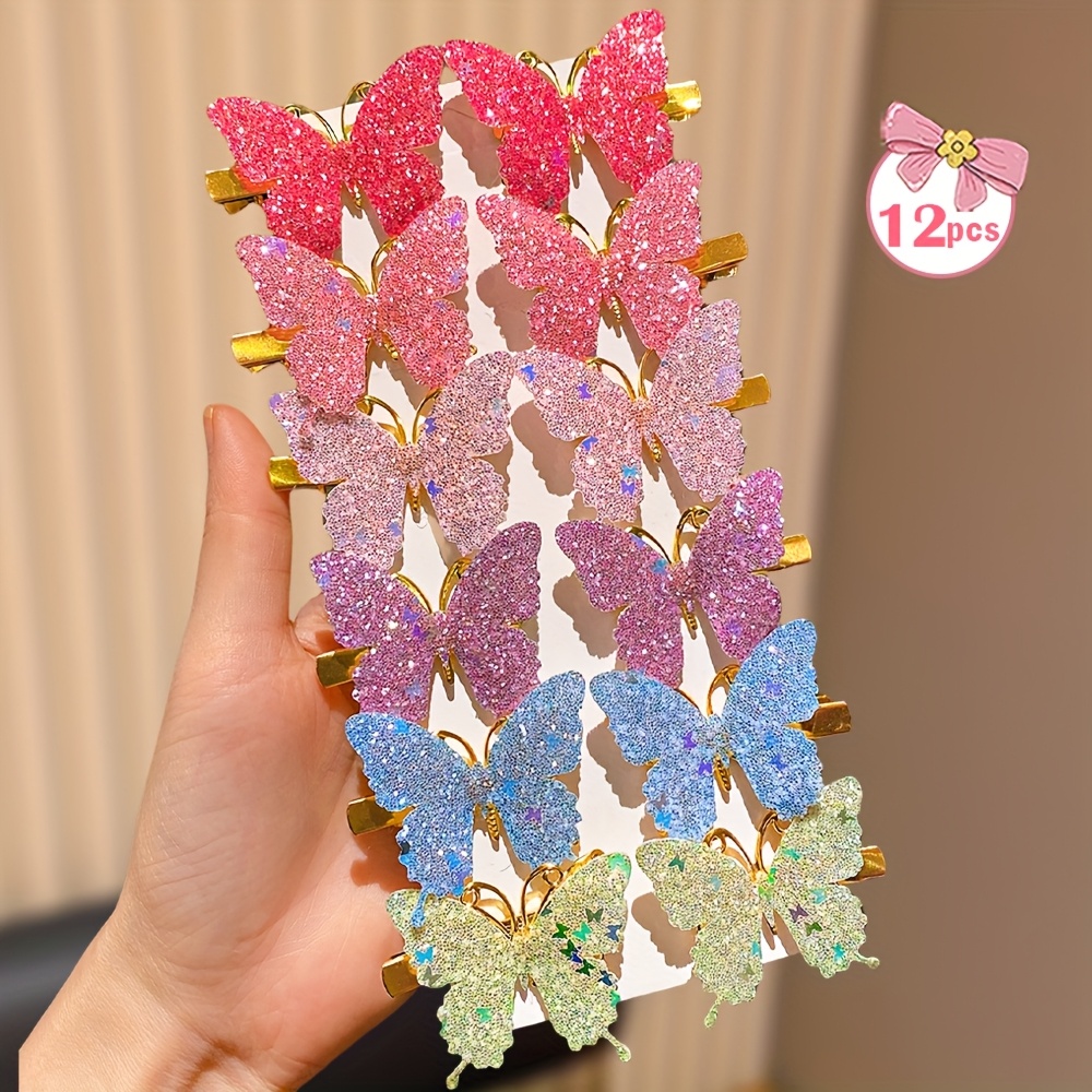 [HCG-S-PK-B-12] Hair Clips for Girls -  Sparkling Pink Butterfly - 12 pcs