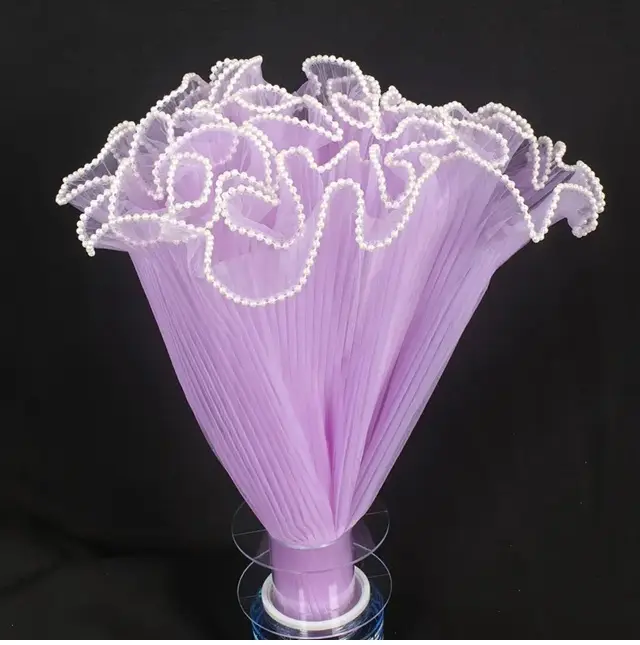 Flower Bouquet Wrapping Paper Roll - Transparent Glass - Purple - Pearl Pleated Yarn - 4M