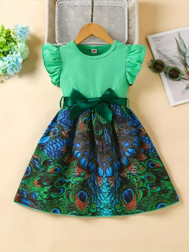 Mid-Length Dress with Vibrant Peacock Feather Print