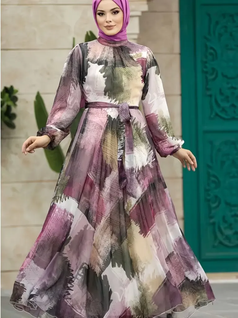 Women's Long Sleeve Dress - Tie Waist Maxi Length Aline Dress