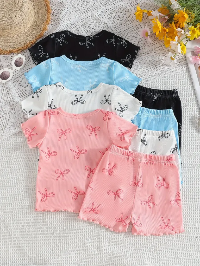 Girls' Clothing Set - Short Sleeve Shorts Set with Bow Print