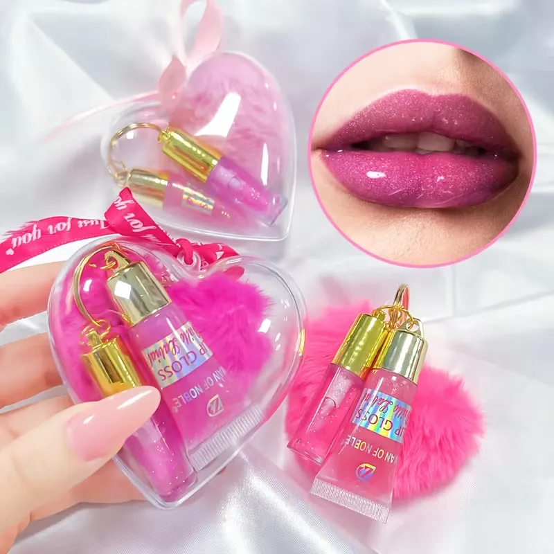 Lip Gloss (Portable) Pom-Pom Keychain Set with Lip Oil