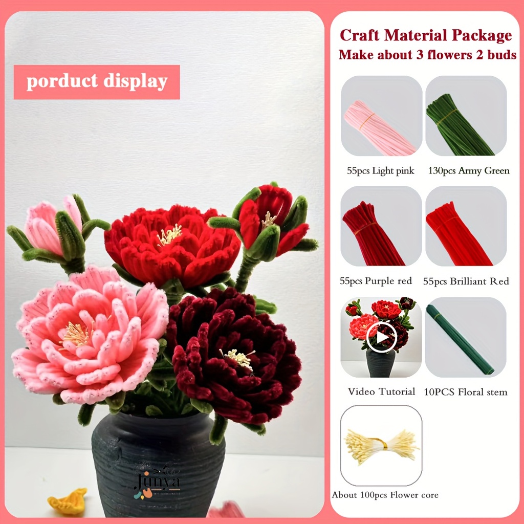 [PCFS-RD-405] Pipe Cleaner Flower Set in Red, Maroon, Pink 405pcs