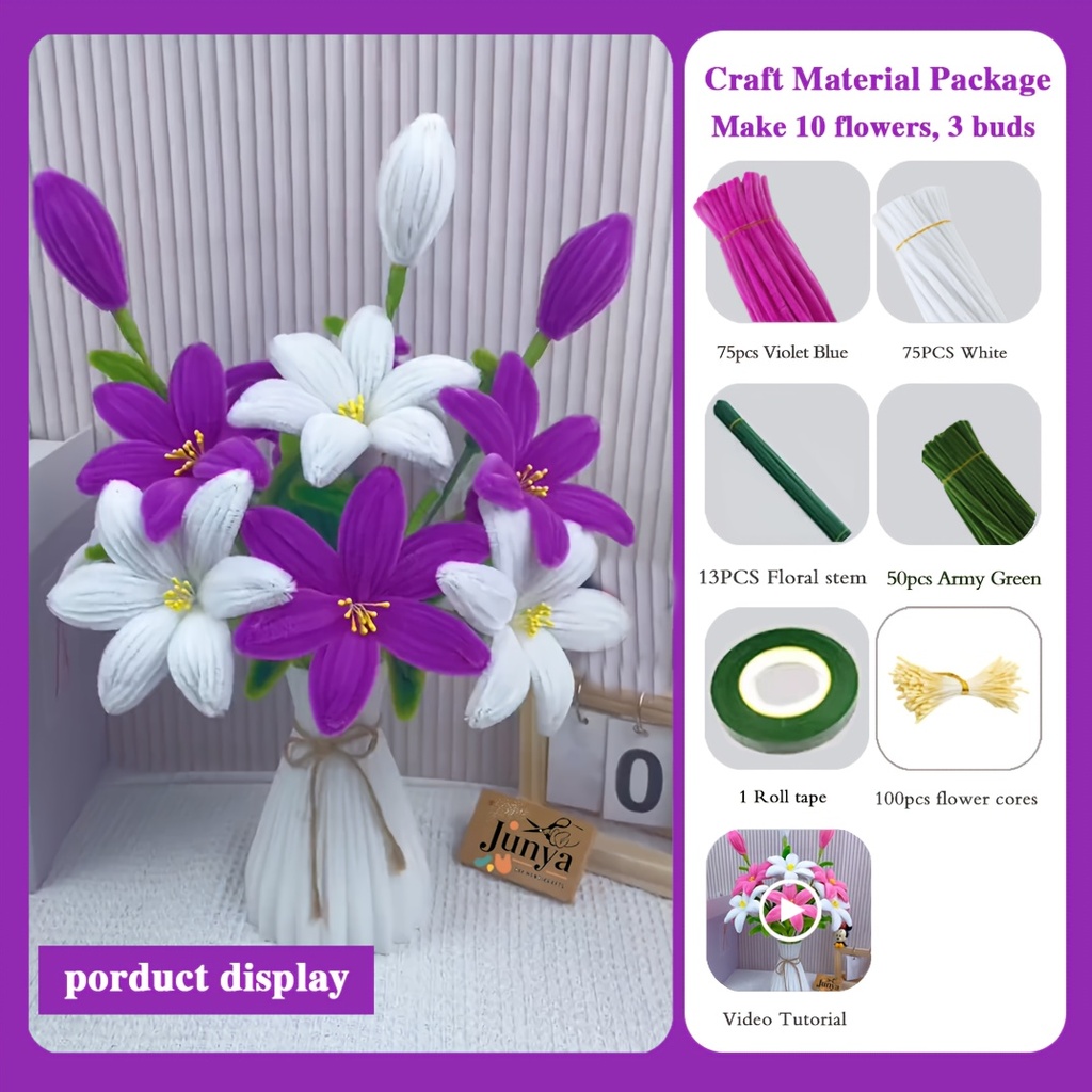 [PCFS-PE/WE-314] Pipe Cleaner Flower Set in White and Violet Blue 314pcs