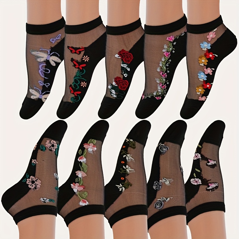 [WS-BK-CF-10] Women's Socks - Black with Colorful Flowers with 10 pairs