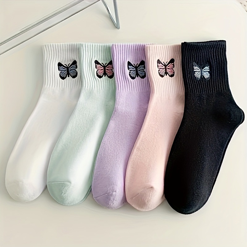 [WMC-MX-CF-5] Women's Mid-Calf Socks - Mix Color Flowers with 5 pairs