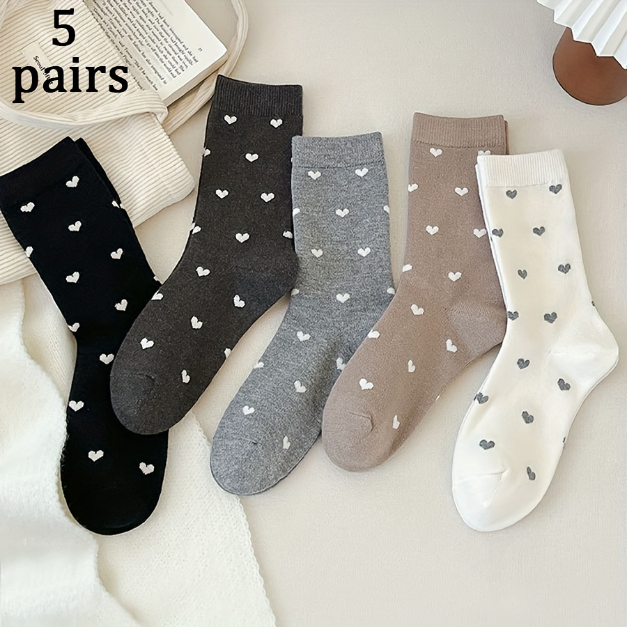 Women's Mid-Calf Socks - Mix Color Heart-Print with 5 pairs