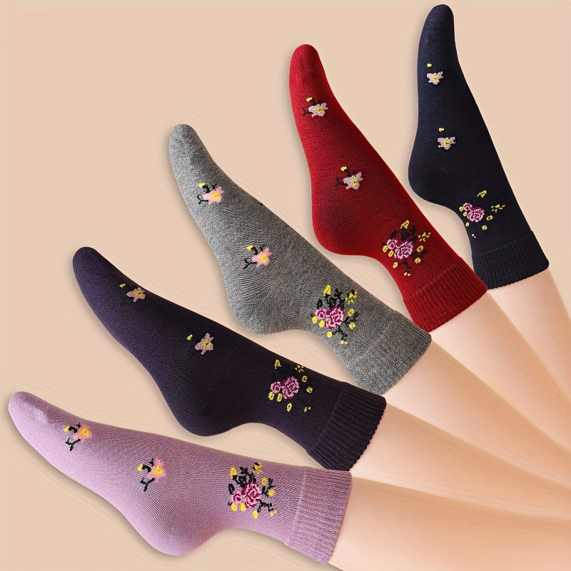 [WMCS-MXFP-5] Women's Mid-Calf Socks - Mix Color Floral Patterns with 5 pairs