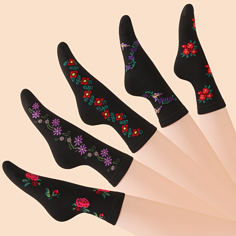 [C0006] Women's Mid-Calf Socks - Black Color Floral Embroidered Blend with 5 pairs