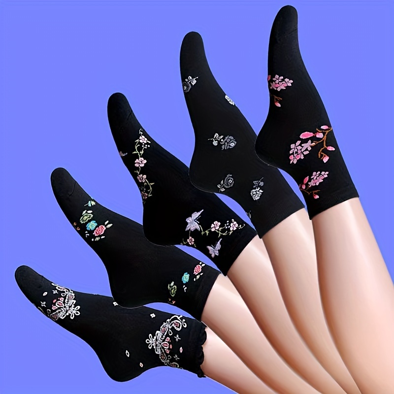 [WMCS-BKCFJB-5] Women's Mid-Calf Socks - Black Color Floral Jacquard Blend with 5 pairs